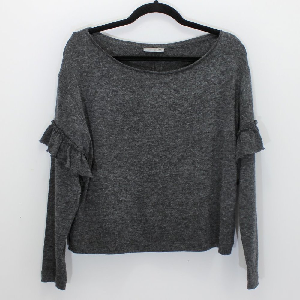 ZARA Charcoal Grey Thin Knit Top Ruffles S